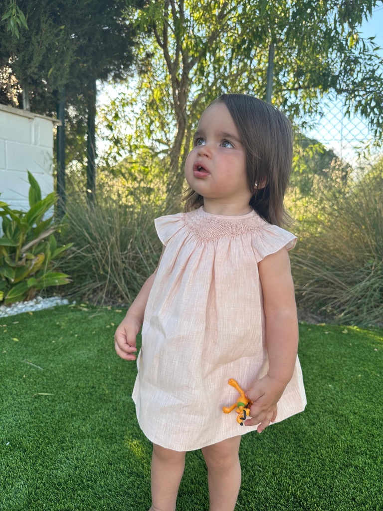 Vestido smock lino rosa y salmón 